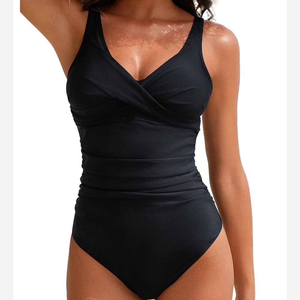 Chic Classic Black One-Piece Swimsuit with Surplice‎ V-Neck- Size Large